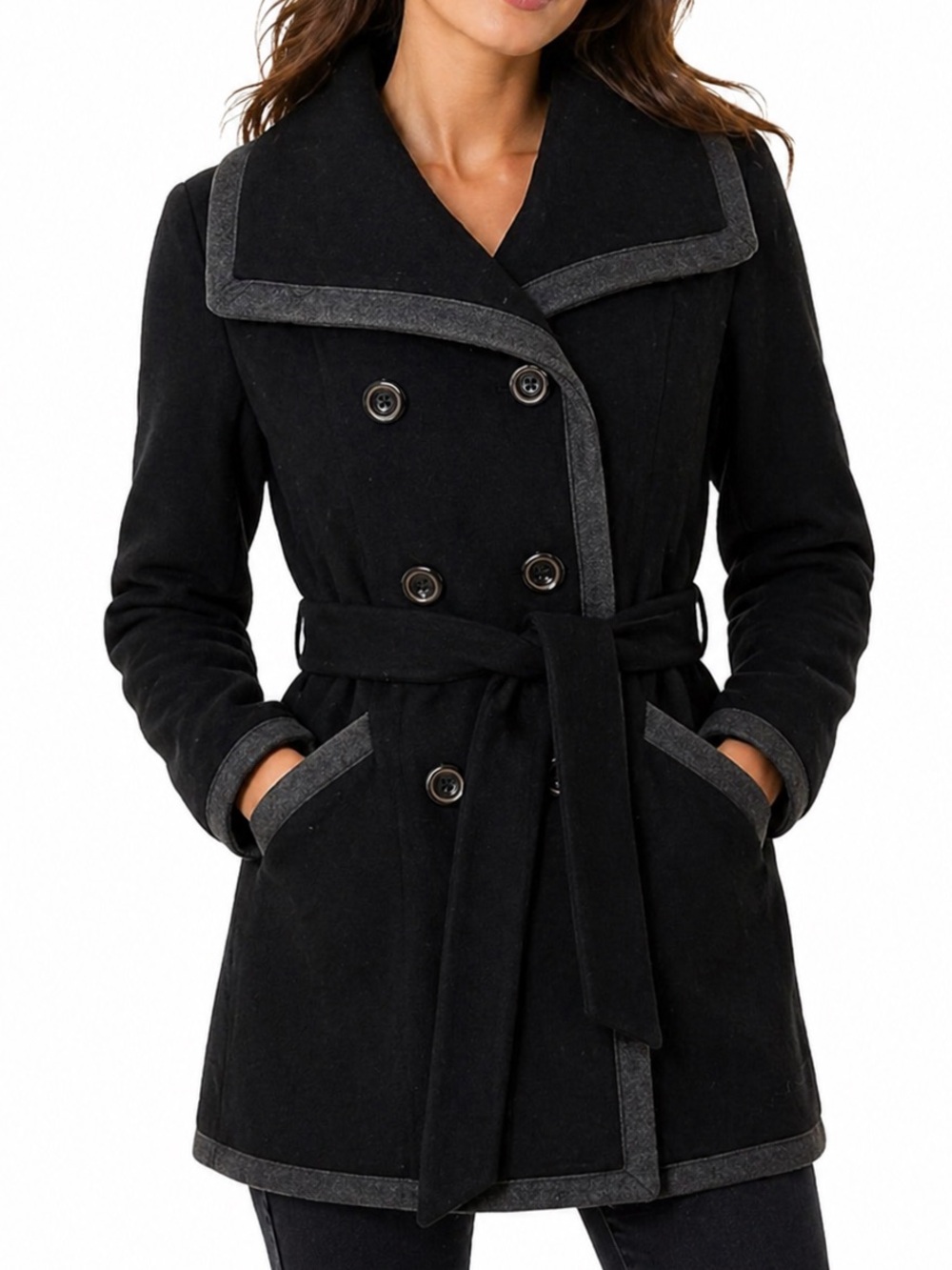 Kenneth Cole Wool Blend Belted Double Breasted Coat Black Gray Size 2